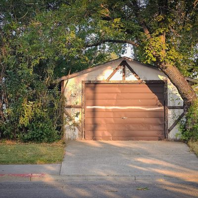 A front-facing view of a white stucco garage with decorative dark timber trim and a closed brown garage door. Mature green trees flank and overhang the structure, casting shadows across the concrete driveway in the foreground.